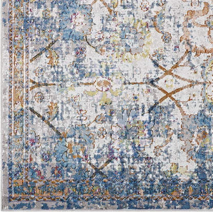 Minu Distressed Floral Lattice 5x8 Area Rug in Light Blue, Yellow and Orange