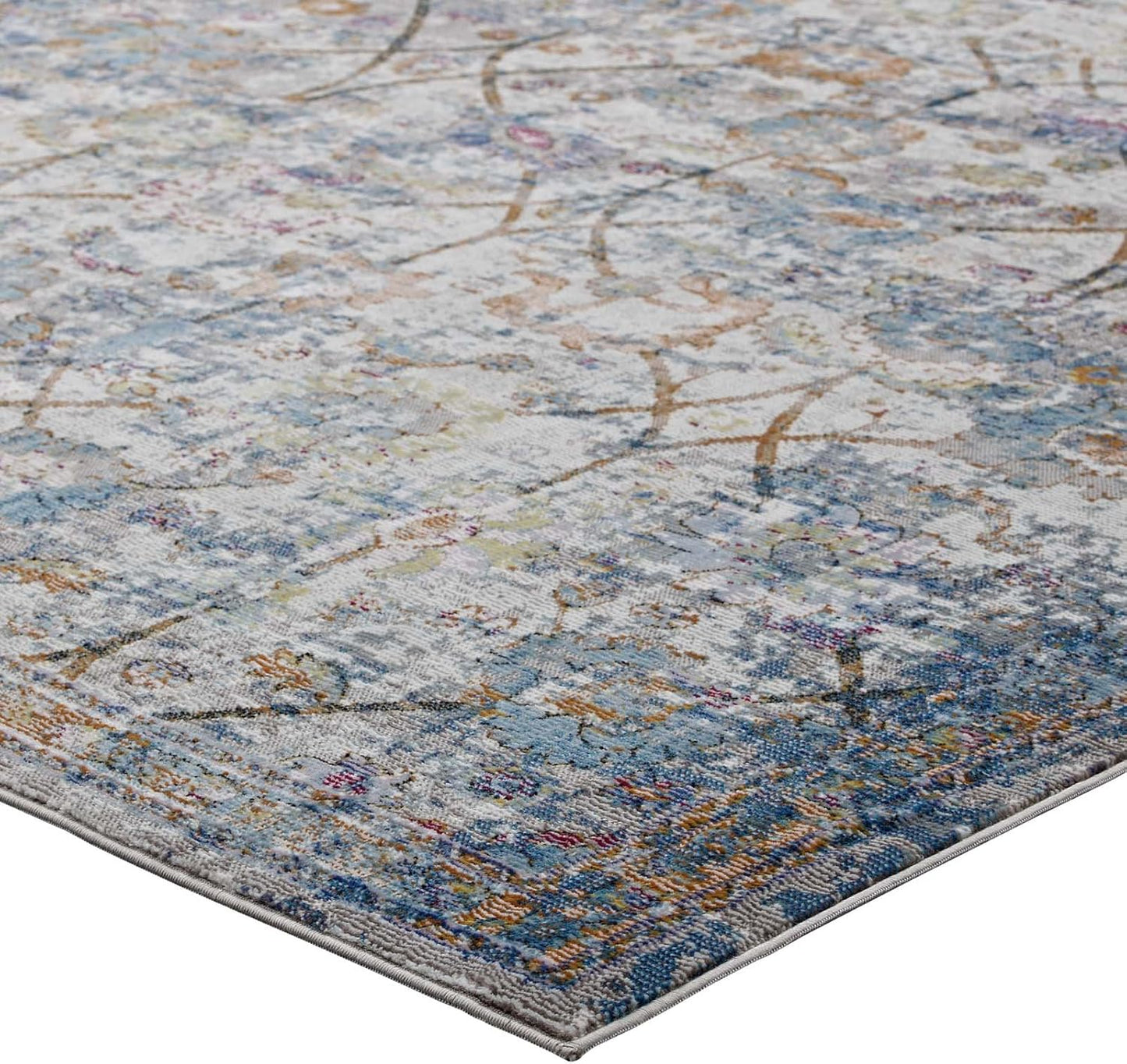 Minu Distressed Floral Lattice 5x8 Area Rug in Light Blue, Yellow and Orange