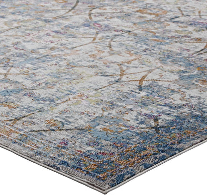 Minu Distressed Floral Lattice 5x8 Area Rug in Light Blue, Yellow and Orange