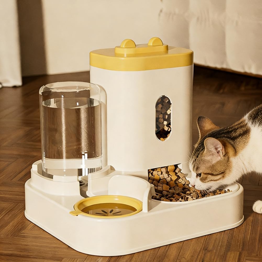 Automatic Cat Feeder and Water Dispenser Set, Gravity Pet Food Bowl and Waterer Station Large-Capacity for Small Medium Pets Puppy Kitten Rabbit (Yellow)