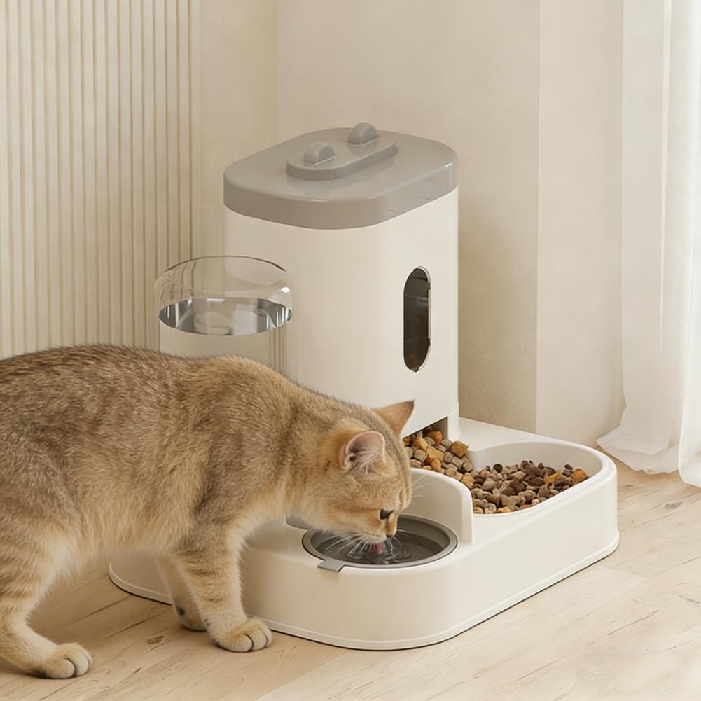 Automatic Cat Feeder and Water Dispenser Set, Gravity Pet Food Bowl and Waterer Station Large-Capacity for Small Medium Pets Puppy Kitten Rabbit (Yellow)