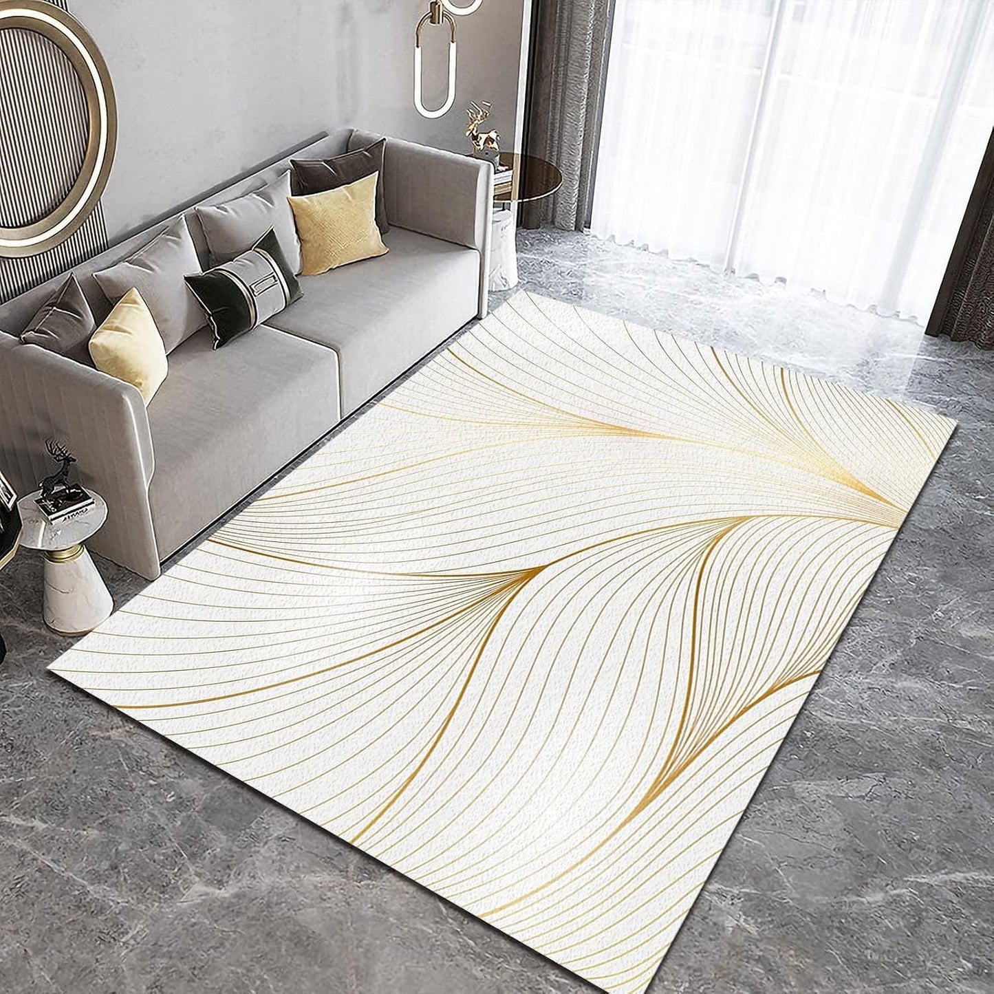 Modern Light Luxury Area Rug for Living Room, Gold Yellow Abstract Lines Design Rug, Soft Non-Slip Indoor Carpet White Washable Throw Rug for Bedroom Hallway Office 4.6x6.6ft