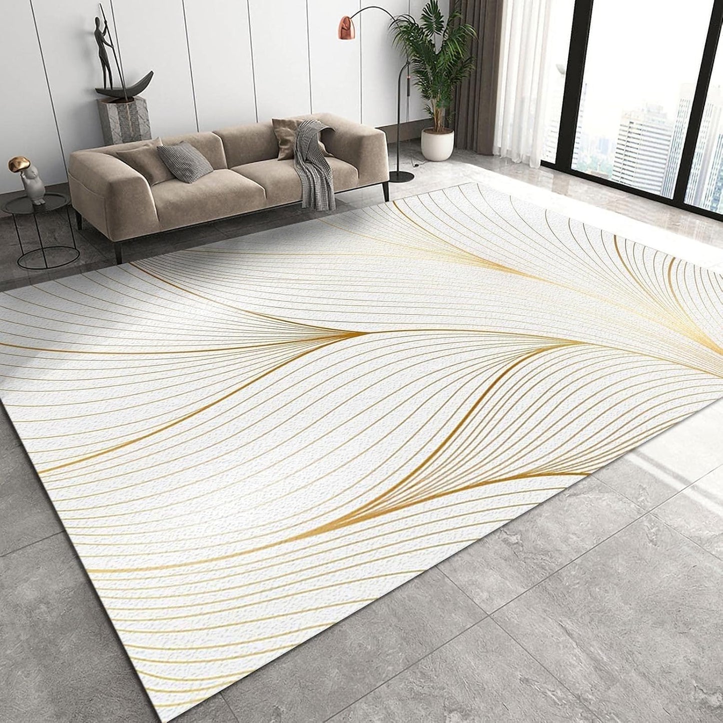 Modern Light Luxury Area Rug for Living Room, Gold Yellow Abstract Lines Design Rug, Soft Non-Slip Indoor Carpet White Washable Throw Rug for Bedroom Hallway Office 4.6x6.6ft