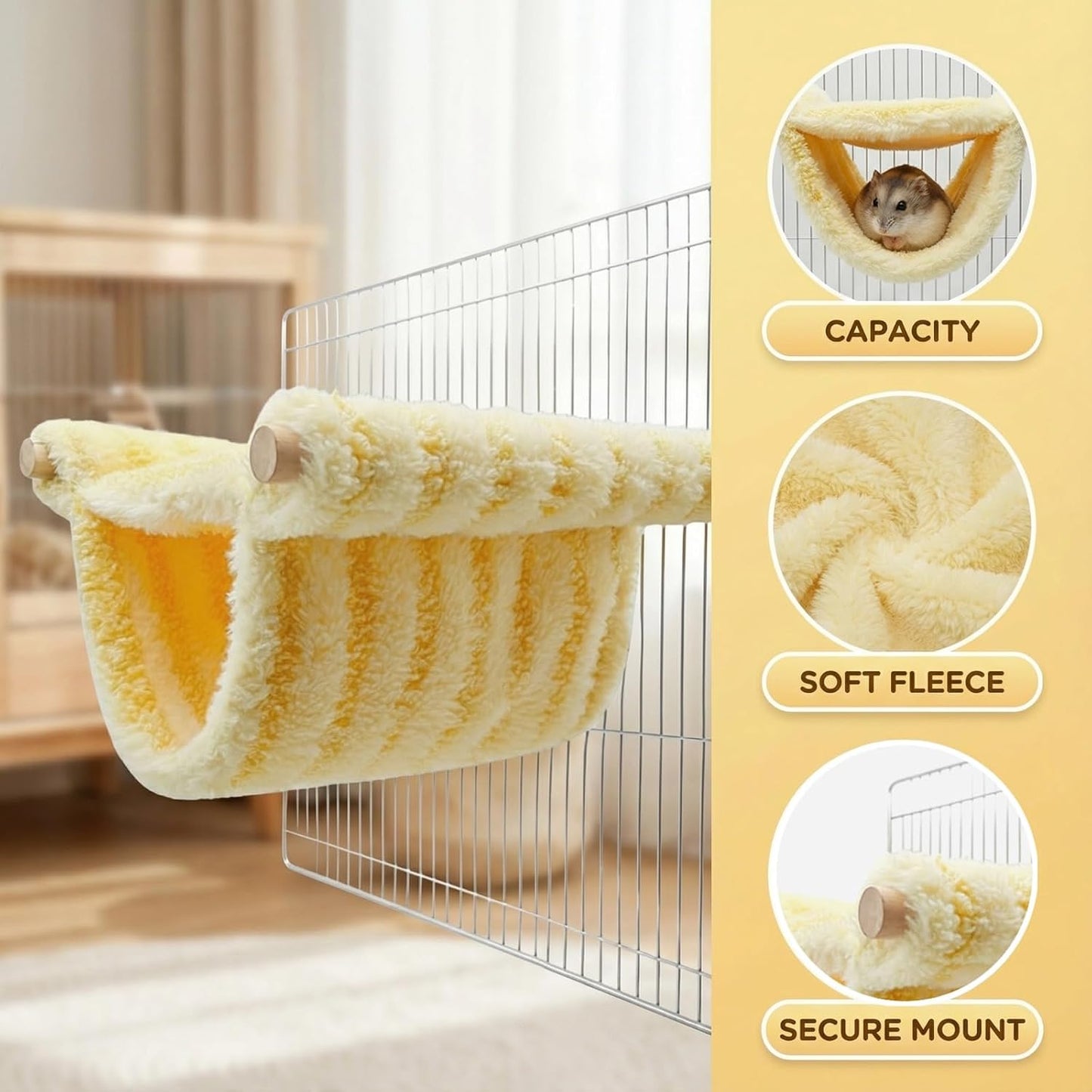 Hanging Hamster Bed Small Pets Winter Hideout Plush Warm Hamster Cotton Nest for Guinea Pig Ferret Cage Accessories (Yellow,Small)