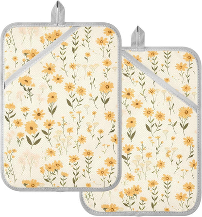 Pot Holders for Kitchen Heat Resistant Light Yellow Wildflowers Hot Pad Holders for Kitchen with Pocket Oven Mitts 2 Pack