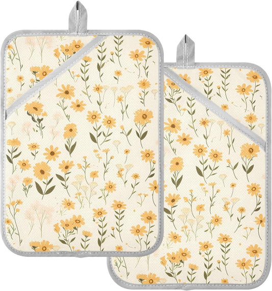 Pot Holders for Kitchen Heat Resistant Light Yellow Wildflowers Hot Pad Holders for Kitchen with Pocket Oven Mitts 2 Pack