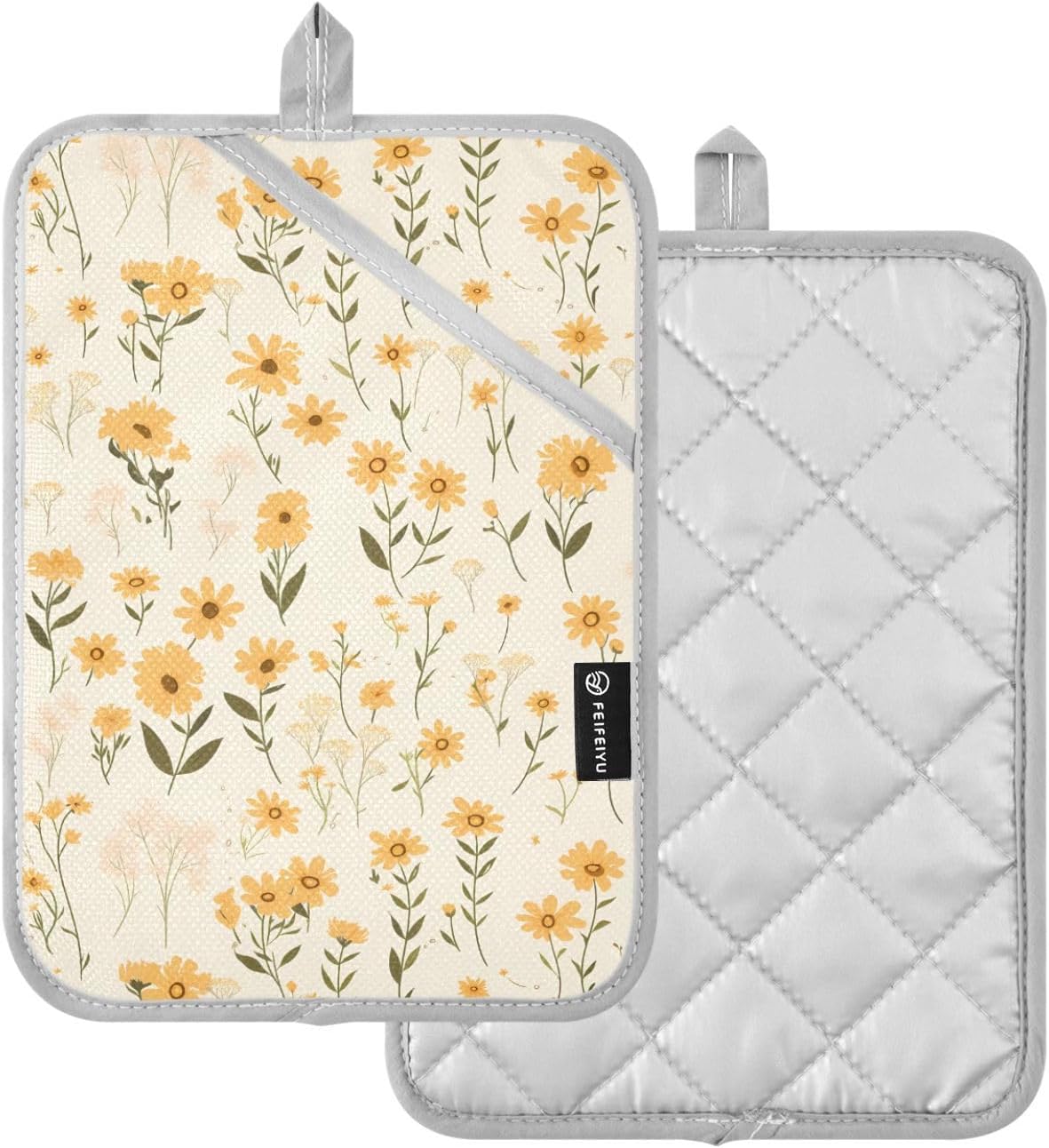 Pot Holders for Kitchen Heat Resistant Light Yellow Wildflowers Hot Pad Holders for Kitchen with Pocket Oven Mitts 2 Pack