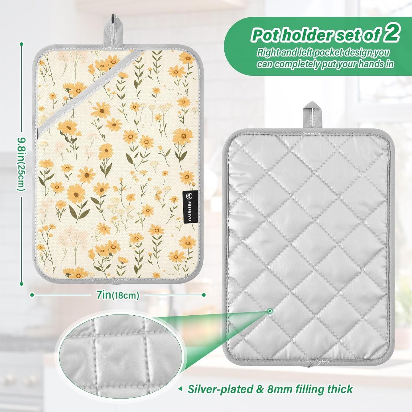 Pot Holders for Kitchen Heat Resistant Light Yellow Wildflowers Hot Pad Holders for Kitchen with Pocket Oven Mitts 2 Pack