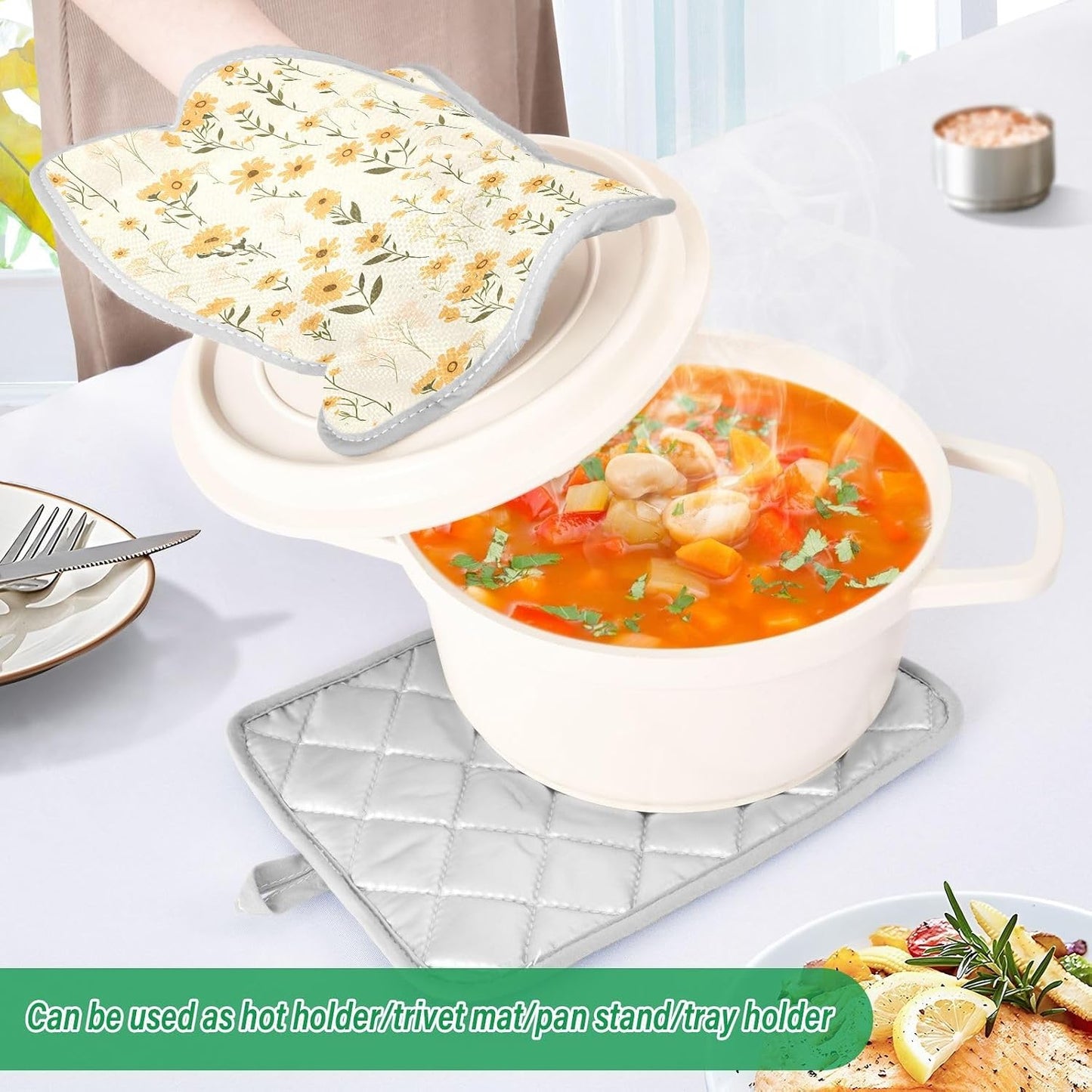 Pot Holders for Kitchen Heat Resistant Light Yellow Wildflowers Hot Pad Holders for Kitchen with Pocket Oven Mitts 2 Pack