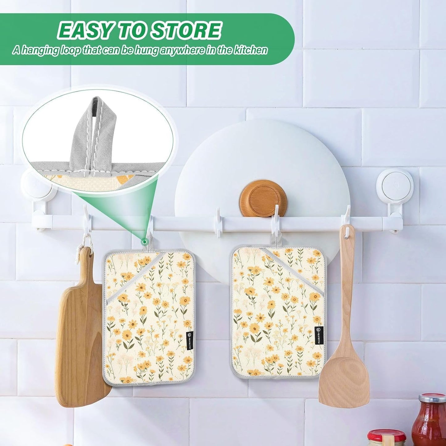 Pot Holders for Kitchen Heat Resistant Light Yellow Wildflowers Hot Pad Holders for Kitchen with Pocket Oven Mitts 2 Pack