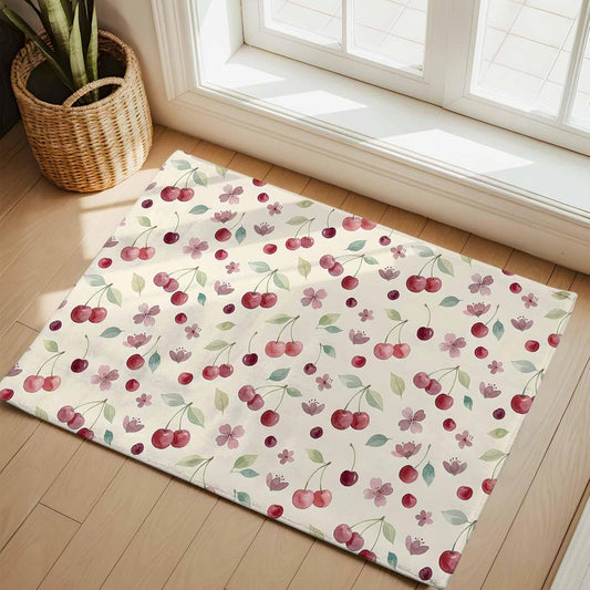 2x3ft Washable Area Rug,Fluffy Large Carpet Summer Cherry Harvest Flower Soft Indoor Rugs Non-Slip Accent Floor Mat for Living Room Bedroom Office Decor,Watercolor Fruit on Light Yellow