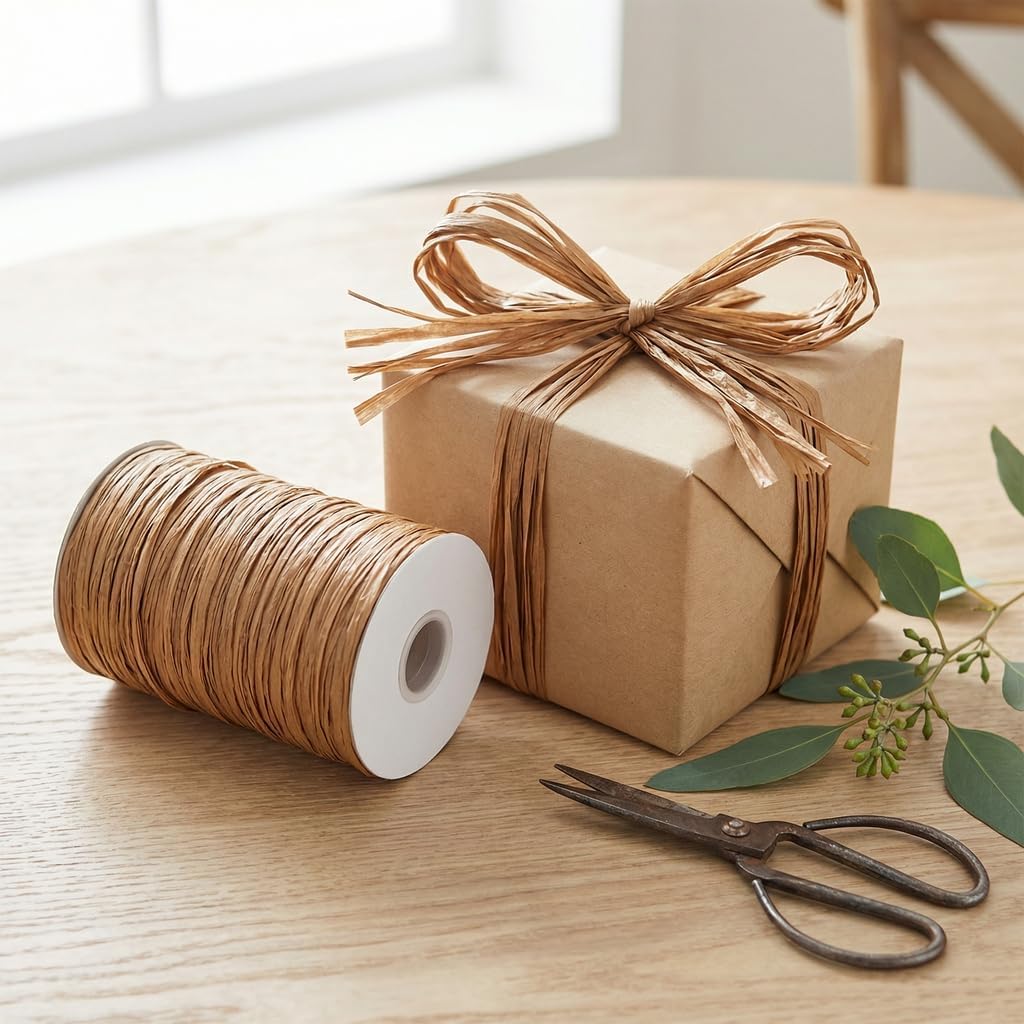 Value Pack 4 Rolls, Total 400 Yards (1200 Feet), 32 Colors Available, Matte Rayon Raffia Ribbon, 1/4 Inch x 100 Yards Each Roll, for Crafts, Gift Packing, Wedding, Florist Bouquet (Harvest Gold)