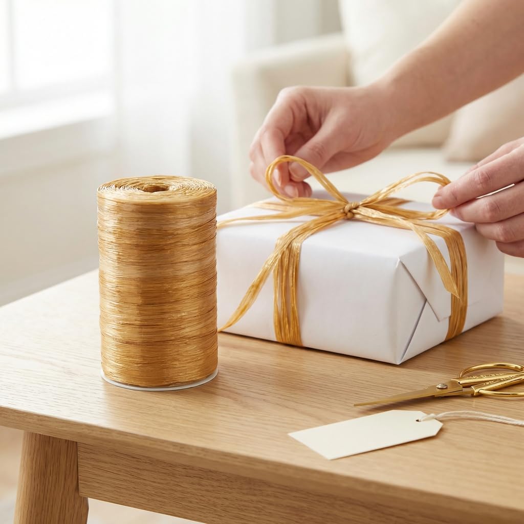 Value Pack 4 Rolls, Total 400 Yards (1200 Feet), 32 Colors Available, Matte Rayon Raffia Ribbon, 1/4 Inch x 100 Yards Each Roll, for Crafts, Gift Packing, Wedding, Florist Bouquet (Harvest Gold)