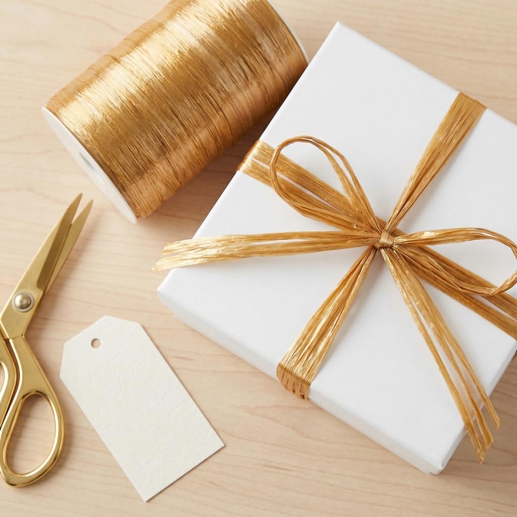 Value Pack 4 Rolls, Total 400 Yards (1200 Feet), 32 Colors Available, Matte Rayon Raffia Ribbon, 1/4 Inch x 100 Yards Each Roll, for Crafts, Gift Packing, Wedding, Florist Bouquet (Harvest Gold)
