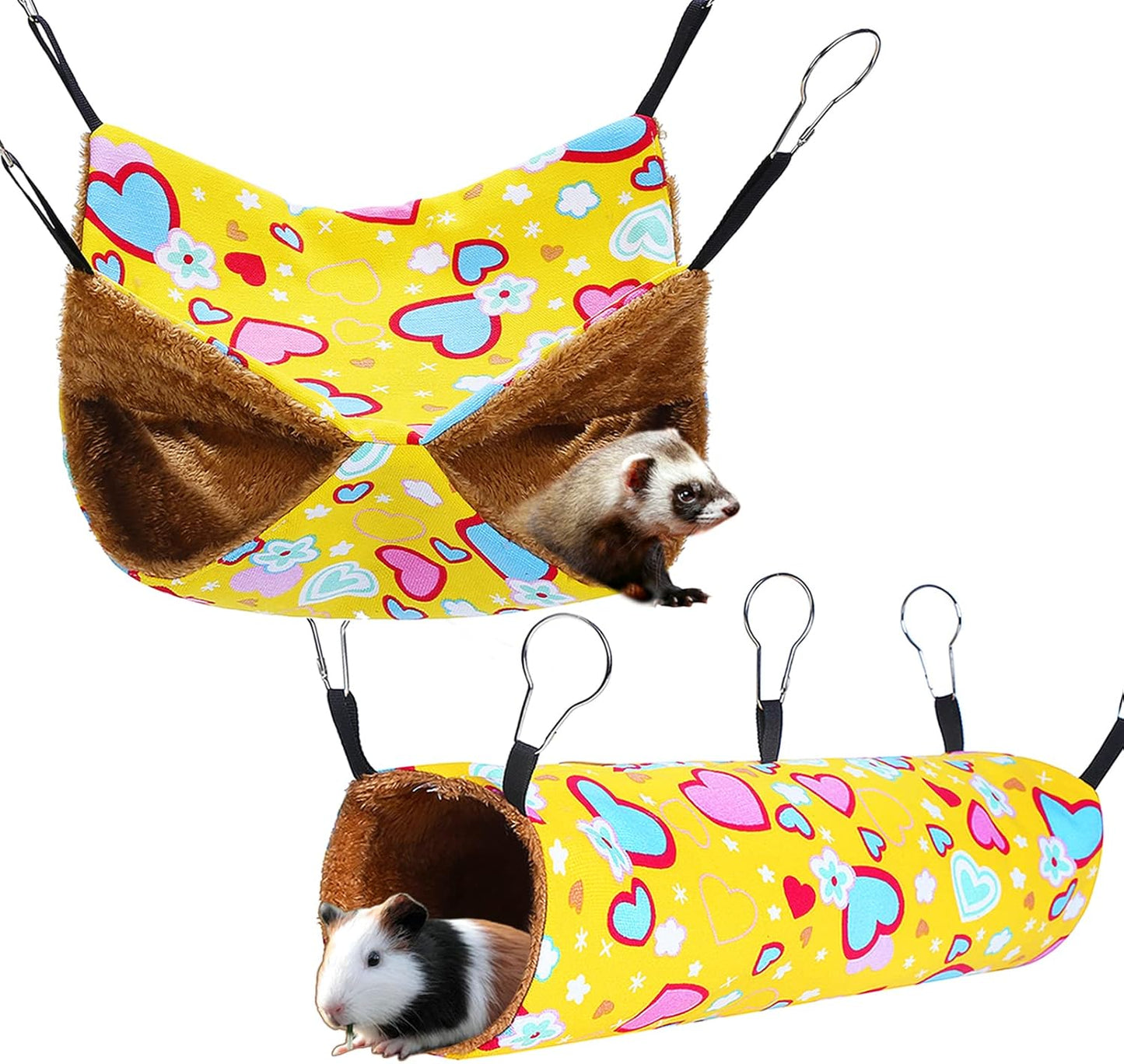 petonfun Ferret Rat Hammock Tunnel Set for Cage Accessories Toys Bed,Yellow | 2 Pack, Large Size, Cute Pattern, Double Sided, Hideout for Guinea Pig and Chinchilla to Hide, Suitable for Most Small Animal