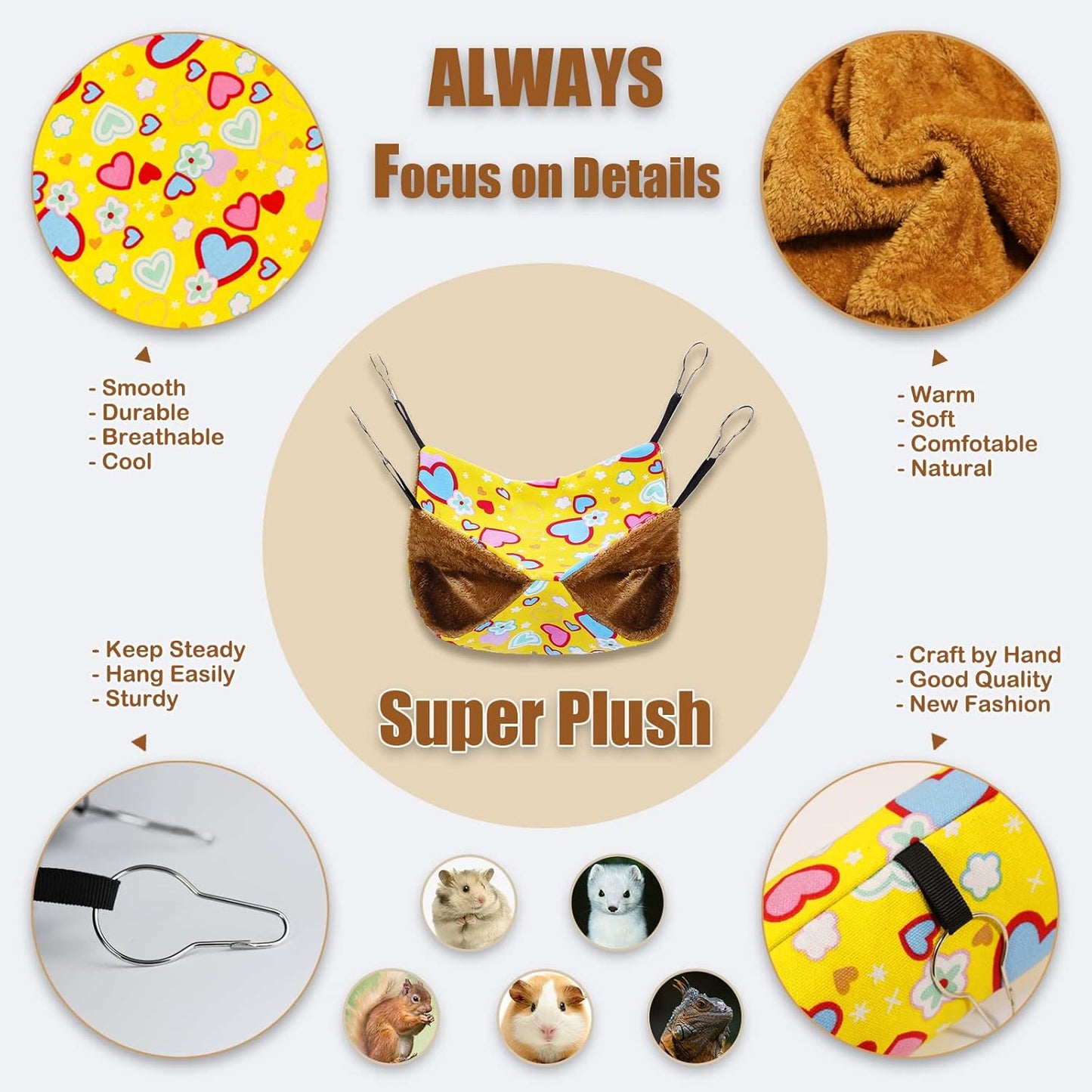petonfun Ferret Rat Hammock Tunnel Set for Cage Accessories Toys Bed,Yellow | 2 Pack, Large Size, Cute Pattern, Double Sided, Hideout for Guinea Pig and Chinchilla to Hide, Suitable for Most Small Animal