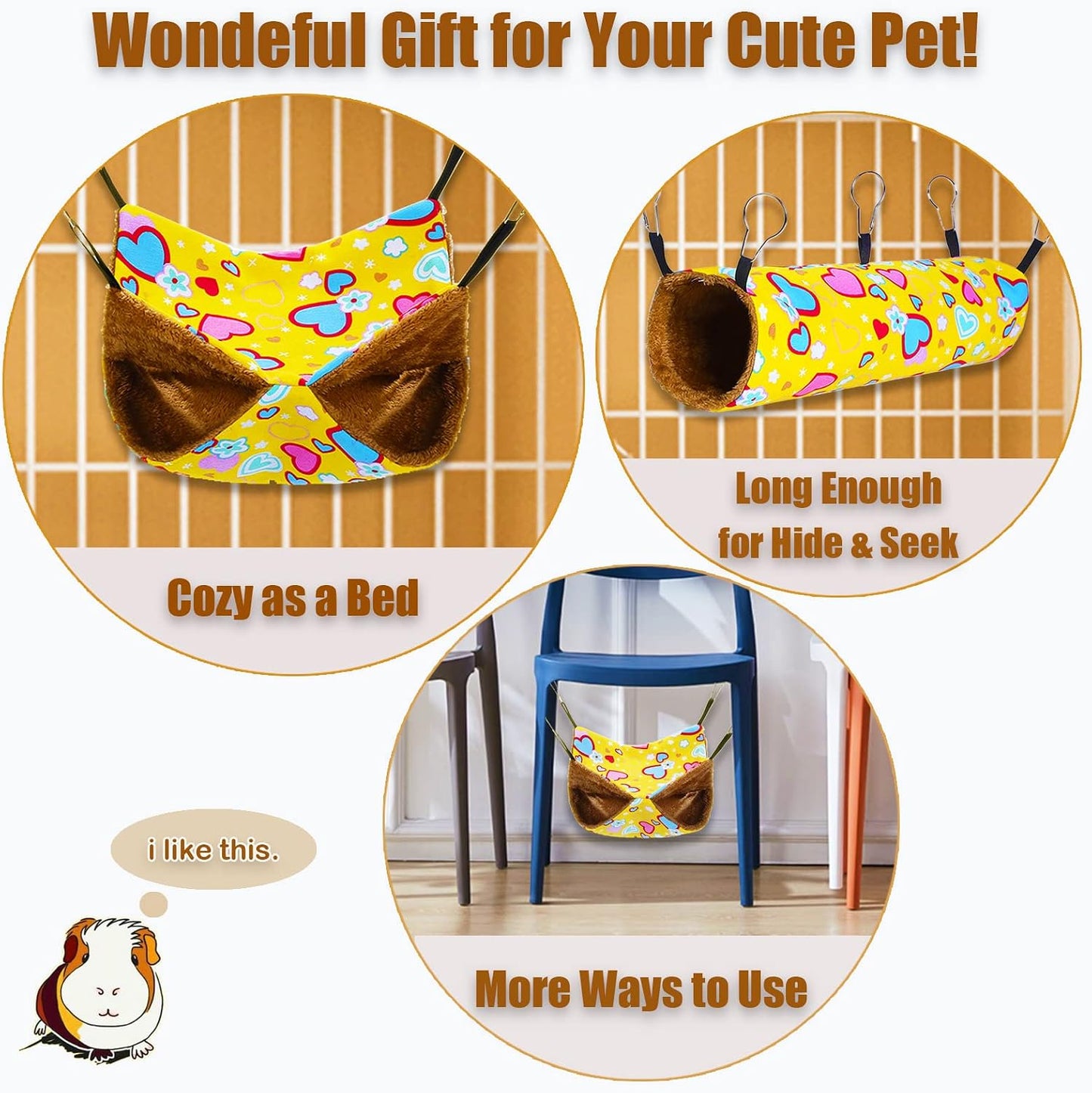 petonfun Ferret Rat Hammock Tunnel Set for Cage Accessories Toys Bed,Yellow | 2 Pack, Large Size, Cute Pattern, Double Sided, Hideout for Guinea Pig and Chinchilla to Hide, Suitable for Most Small Animal