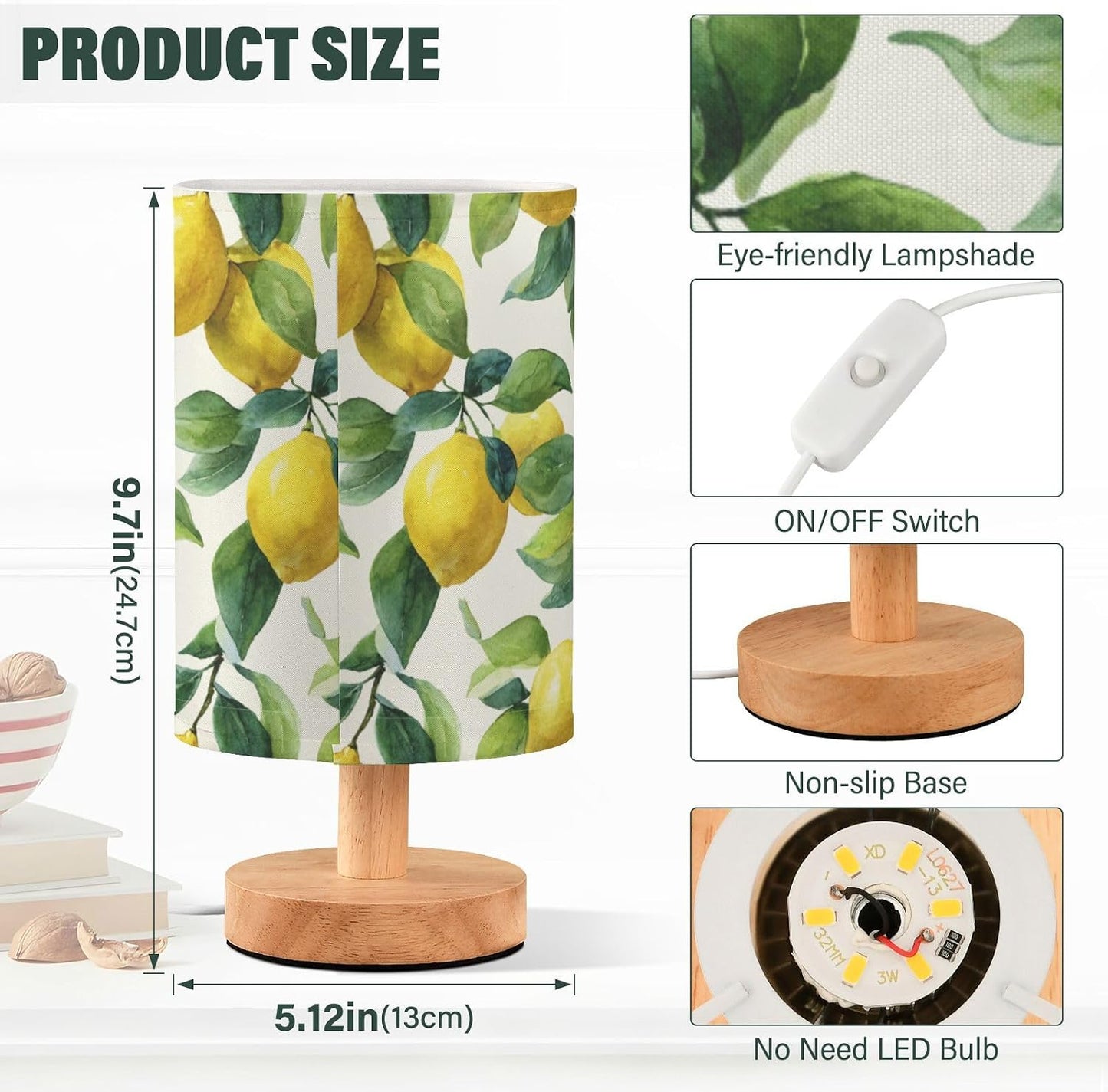 Bedside Table Lamp Lemon Yellow Citrus Fruits (67) Kids Nightstand Lamp Night Light Fabric Shade for Bedroom Living Room Home Office