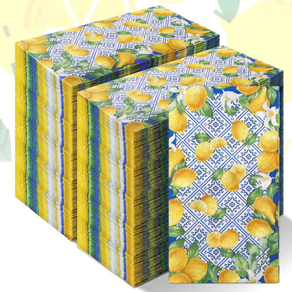 200 Pcs Capri Lemon Paper Napkins 2 Ply Blue Tile Lemons Disposable Guest Towels Royal Blue White Mediterranean Lemons Decorative Hand Napkins for Bathroom Positano Holiday Wedding Lemon Party Decor