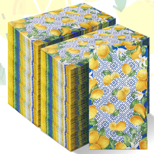 200 Pcs Capri Lemon Paper Napkins 2 Ply Blue Tile Lemons Disposable Guest Towels Royal Blue White Mediterranean Lemons Decorative Hand Napkins for Bathroom Positano Holiday Wedding Lemon Party Decor