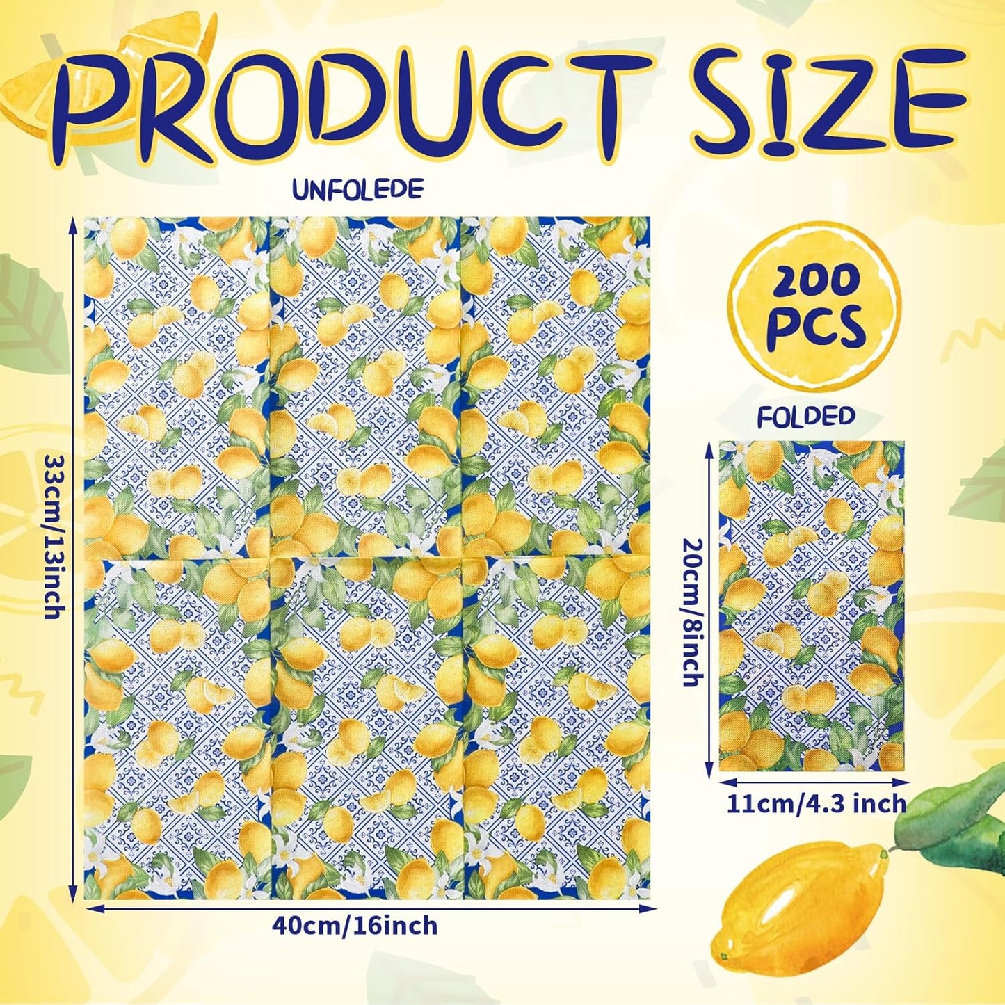 200 Pcs Capri Lemon Paper Napkins 2 Ply Blue Tile Lemons Disposable Guest Towels Royal Blue White Mediterranean Lemons Decorative Hand Napkins for Bathroom Positano Holiday Wedding Lemon Party Decor