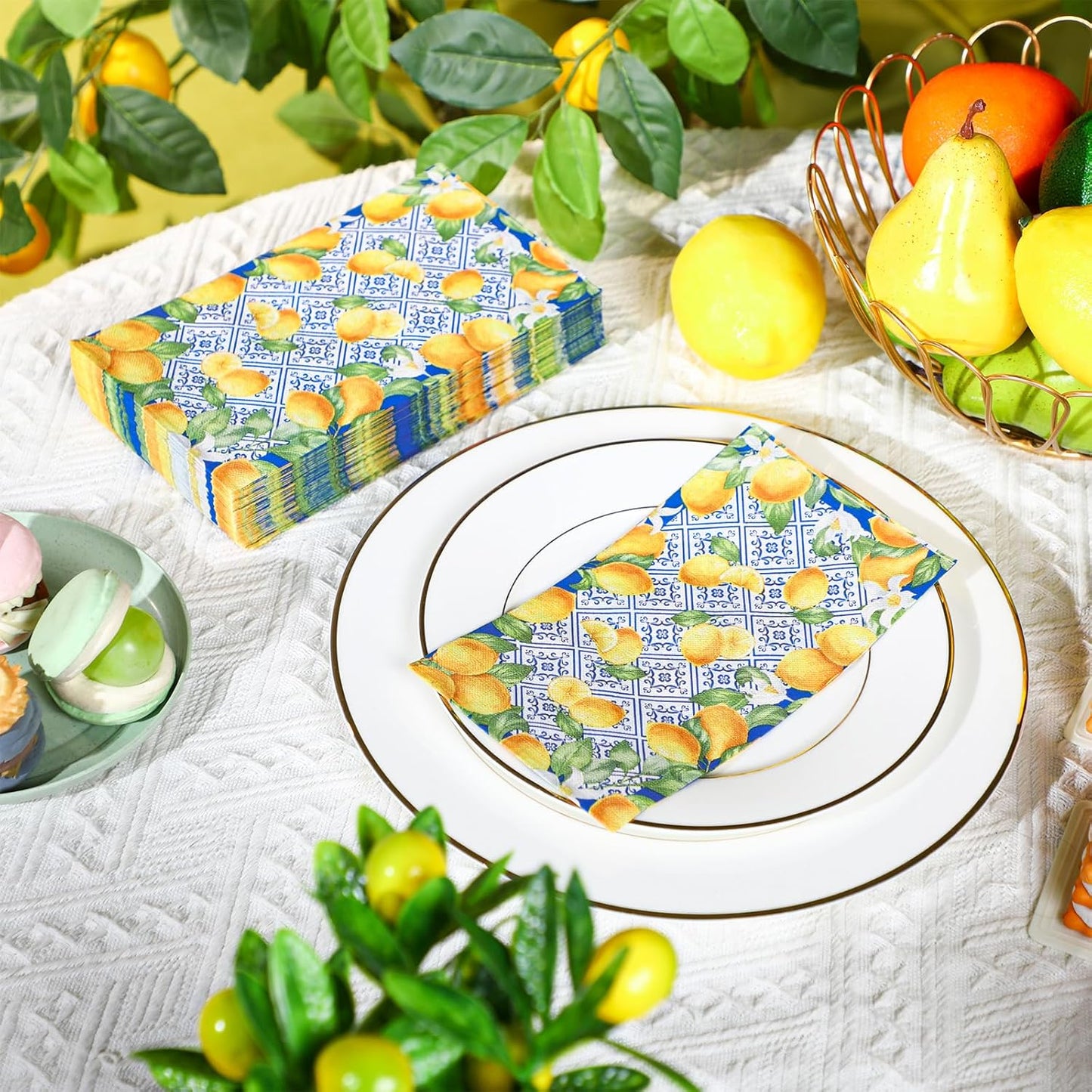 200 Pcs Capri Lemon Paper Napkins 2 Ply Blue Tile Lemons Disposable Guest Towels Royal Blue White Mediterranean Lemons Decorative Hand Napkins for Bathroom Positano Holiday Wedding Lemon Party Decor
