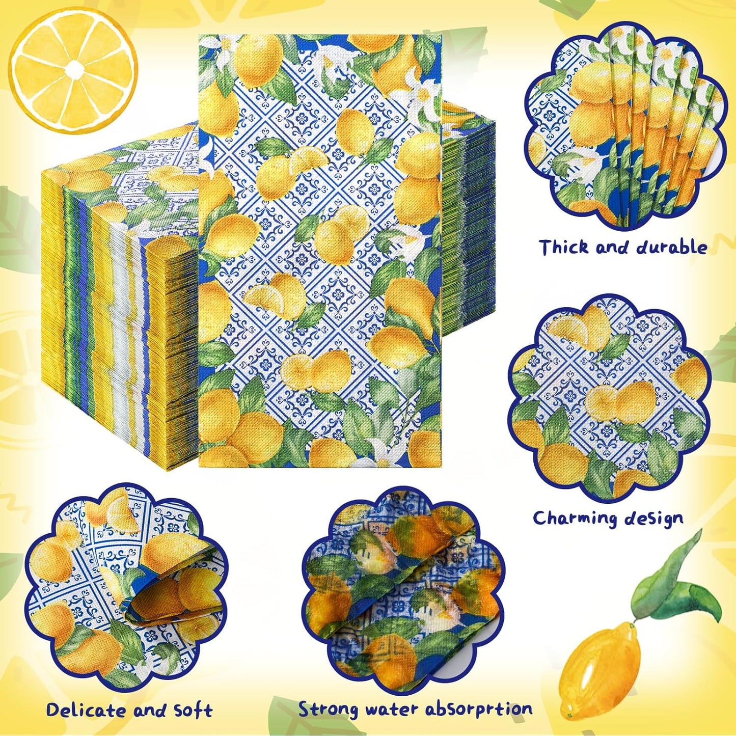 200 Pcs Capri Lemon Paper Napkins 2 Ply Blue Tile Lemons Disposable Guest Towels Royal Blue White Mediterranean Lemons Decorative Hand Napkins for Bathroom Positano Holiday Wedding Lemon Party Decor