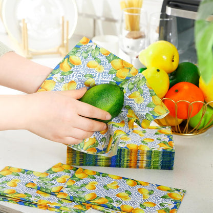 200 Pcs Capri Lemon Paper Napkins 2 Ply Blue Tile Lemons Disposable Guest Towels Royal Blue White Mediterranean Lemons Decorative Hand Napkins for Bathroom Positano Holiday Wedding Lemon Party Decor
