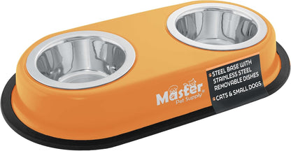 Double Dog Bowls Set with Elevated Base and 2 (8 oz) Stainless Steel Removable Dishes (Mango Tango) – Double Cat Food Water Bowl, Dog Puppy Food Bowl Set, Rust Resistant