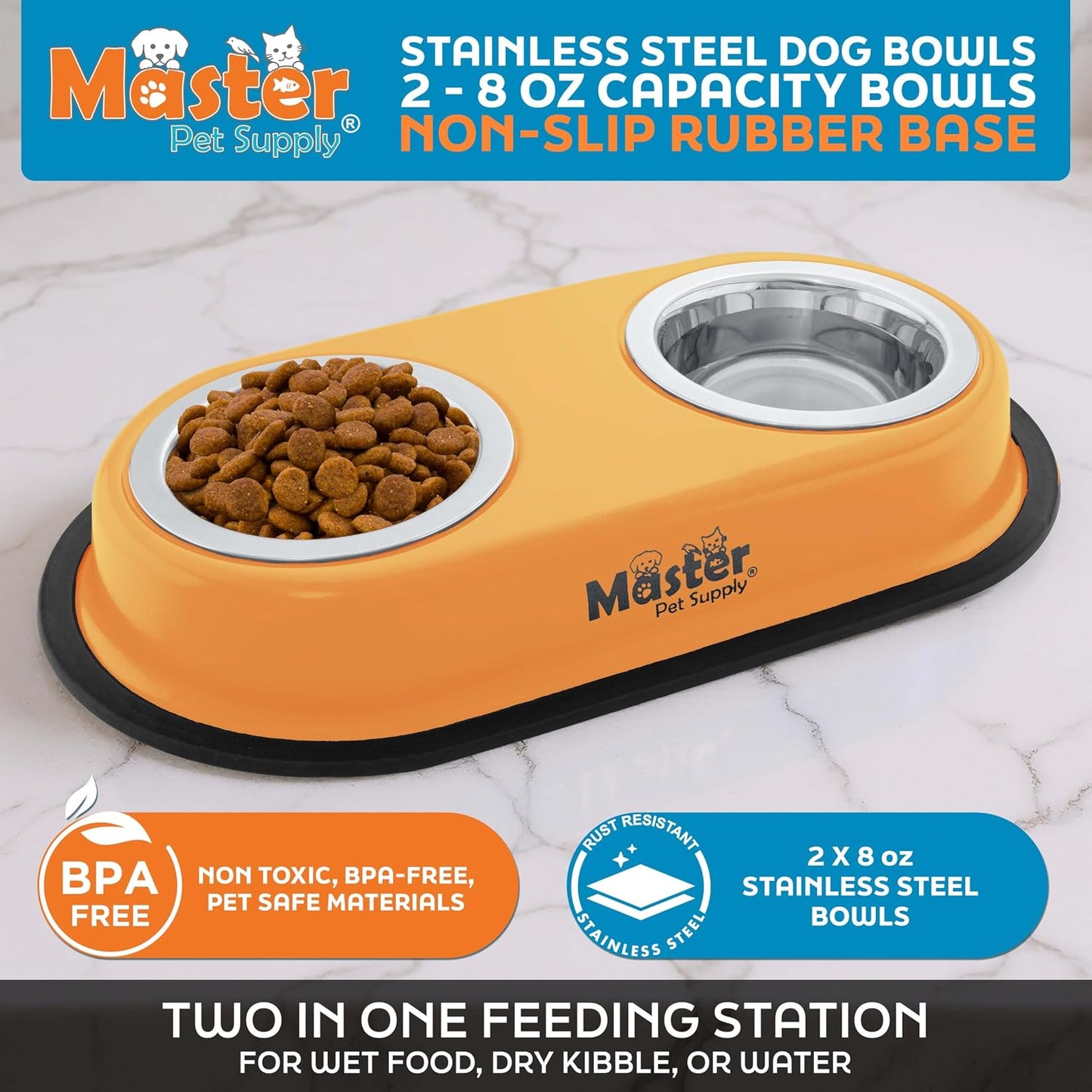 Double Dog Bowls Set with Elevated Base and 2 (8 oz) Stainless Steel Removable Dishes (Mango Tango) – Double Cat Food Water Bowl, Dog Puppy Food Bowl Set, Rust Resistant