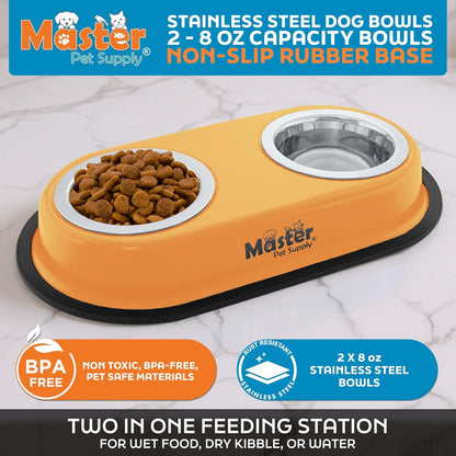 Double Dog Bowls Set with Elevated Base and 2 (8 oz) Stainless Steel Removable Dishes (Mango Tango) – Double Cat Food Water Bowl, Dog Puppy Food Bowl Set, Rust Resistant