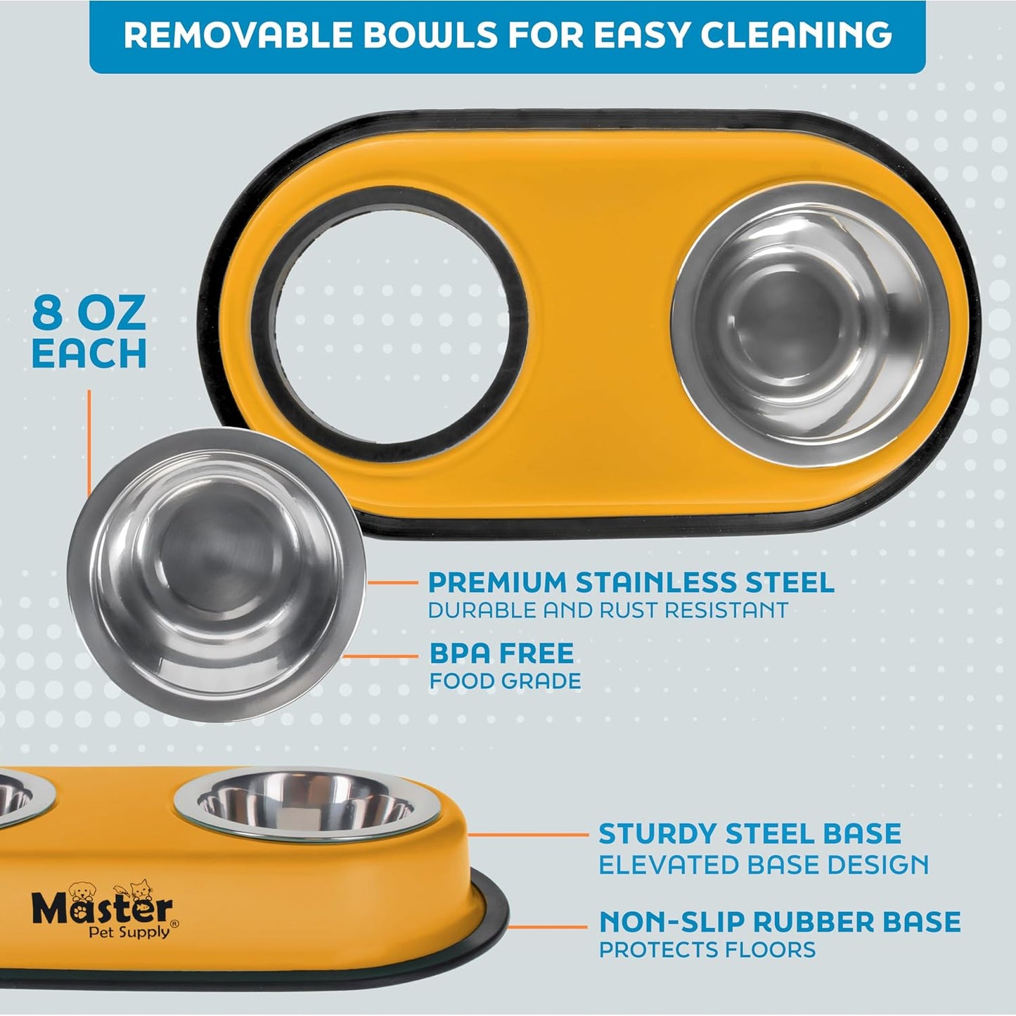 Double Dog Bowls Set with Elevated Base and 2 (8 oz) Stainless Steel Removable Dishes (Mango Tango) – Double Cat Food Water Bowl, Dog Puppy Food Bowl Set, Rust Resistant