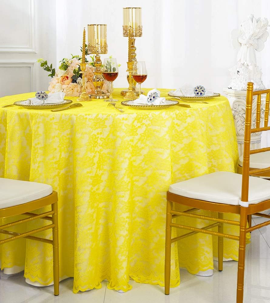 108” Lace Table Overlays, Lace Tablecloths Round, Lace Table Overlay Linens, Lace Table Toppers for Wedding Decorations, Events Banquet Party Supplies (Canary Yellow)