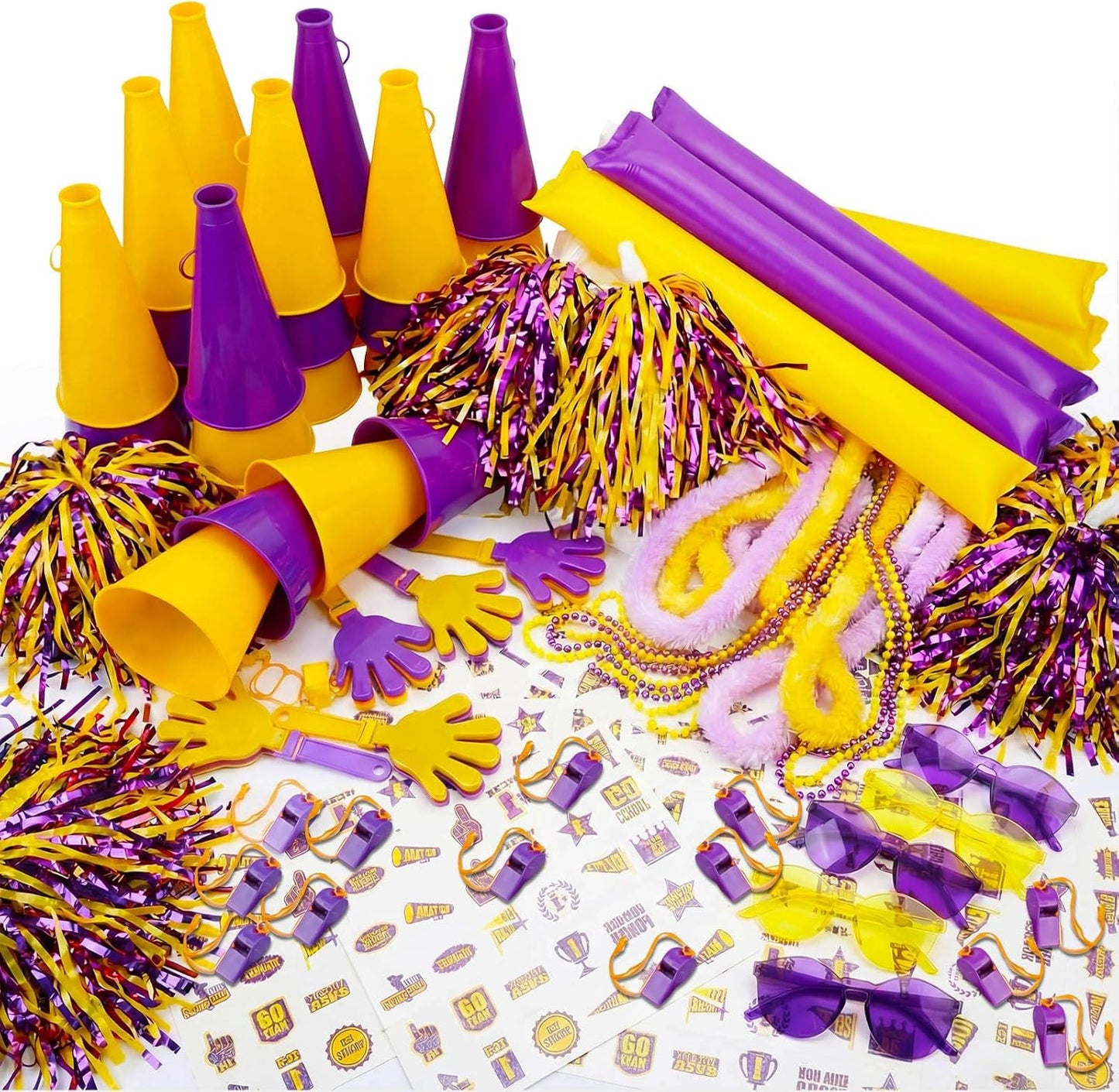 180 Pcs Yellow Purple Team Spirit Accessories Bulk Field Day Accessories Pep Rally Color War Camp Spirit Events Party Items Cheerleading Pom Poms Clappers Thunder Stick Whistle Megaphone