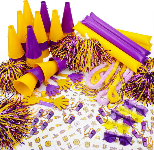 180 Pcs Yellow Purple Team Spirit Accessories Bulk Field Day Accessories Pep Rally Color War Camp Spirit Events Party Items Cheerleading Pom Poms Clappers Thunder Stick Whistle Megaphone