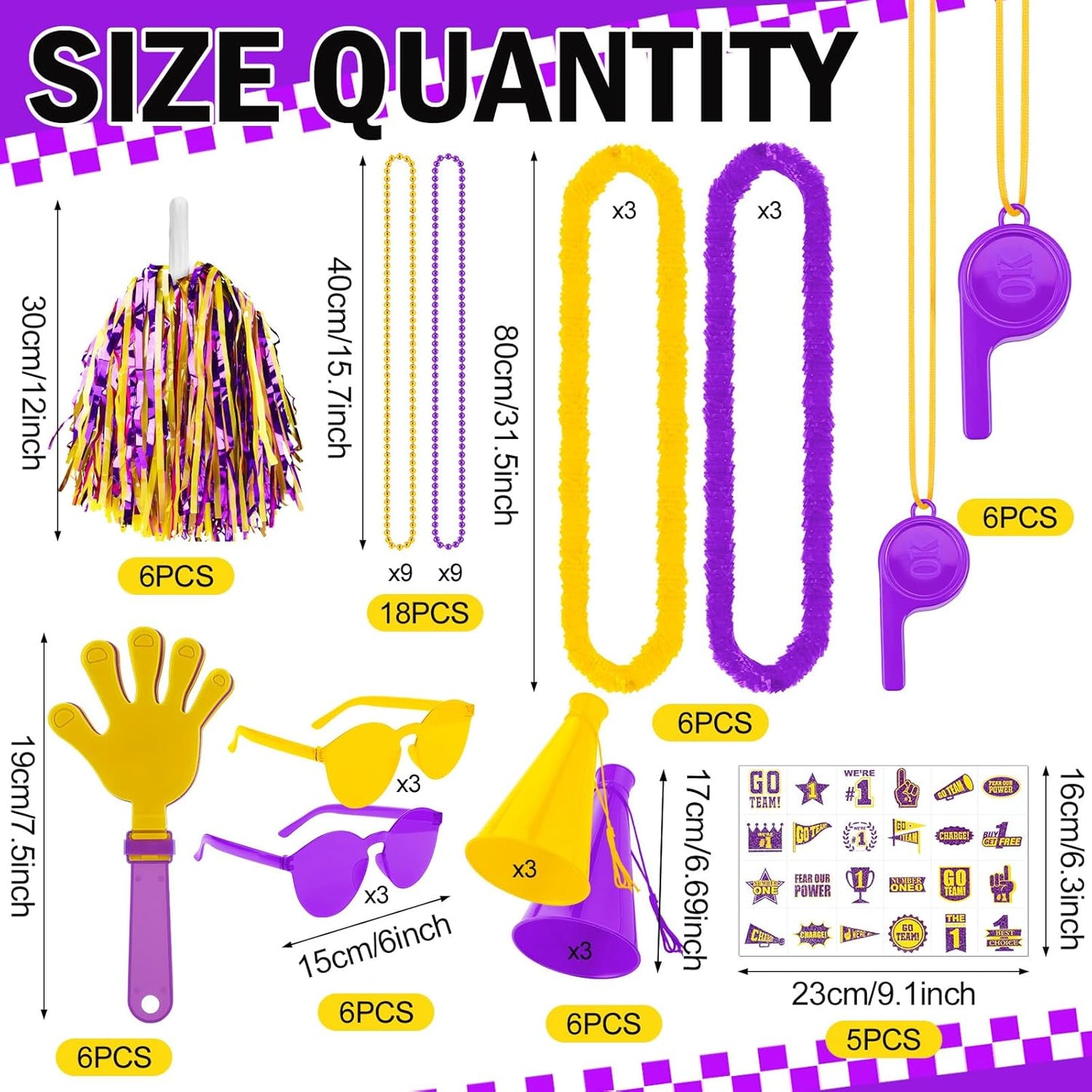 180 Pcs Yellow Purple Team Spirit Accessories Bulk Field Day Accessories Pep Rally Color War Camp Spirit Events Party Items Cheerleading Pom Poms Clappers Thunder Stick Whistle Megaphone