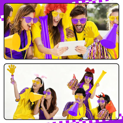 180 Pcs Yellow Purple Team Spirit Accessories Bulk Field Day Accessories Pep Rally Color War Camp Spirit Events Party Items Cheerleading Pom Poms Clappers Thunder Stick Whistle Megaphone