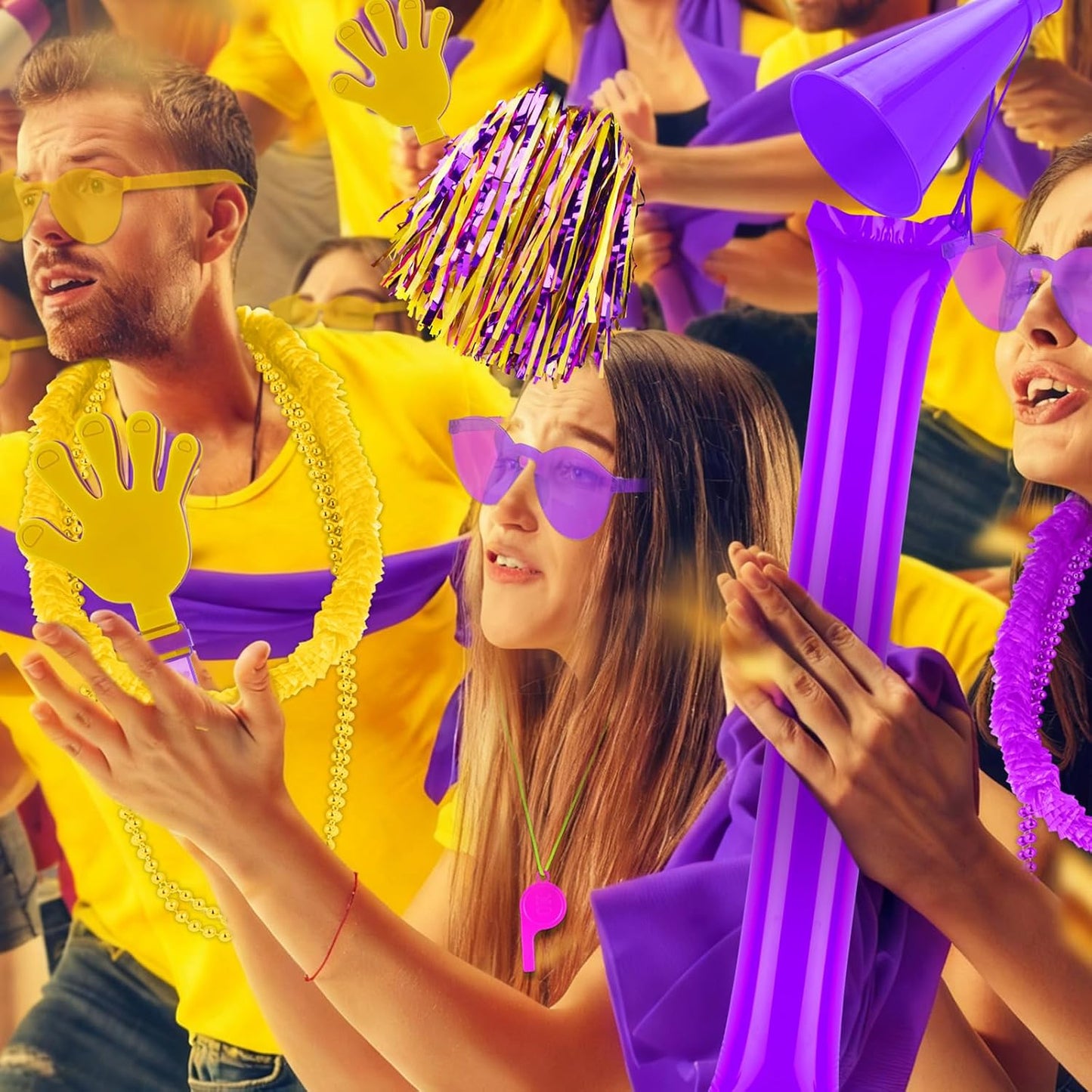 180 Pcs Yellow Purple Team Spirit Accessories Bulk Field Day Accessories Pep Rally Color War Camp Spirit Events Party Items Cheerleading Pom Poms Clappers Thunder Stick Whistle Megaphone