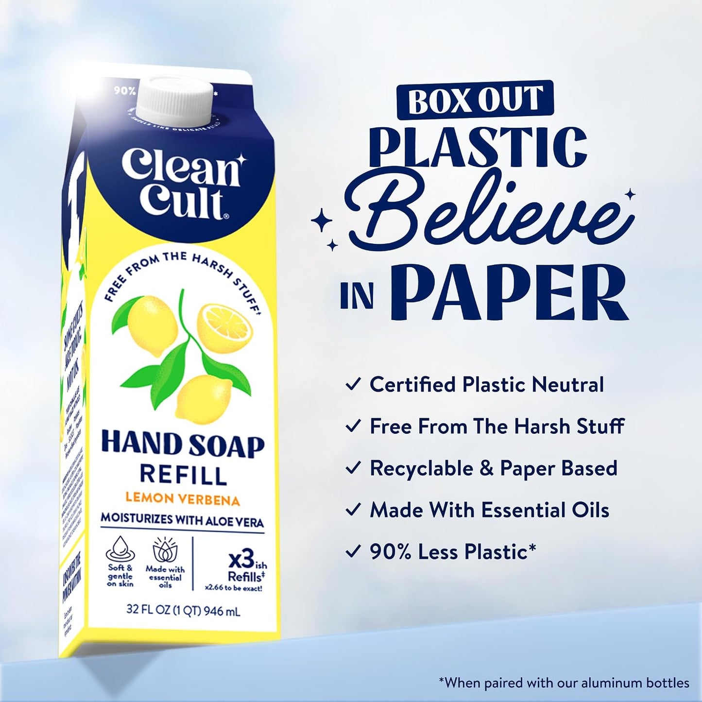 Liquid Hand Soap Refill - Lemon Verbena - Moisturizes Dry & Sensitive Skin - Made with Aloe Vera & Essential Oils - Eco Friendly - Paper-Based Packaging - 32 oz/1 Pack