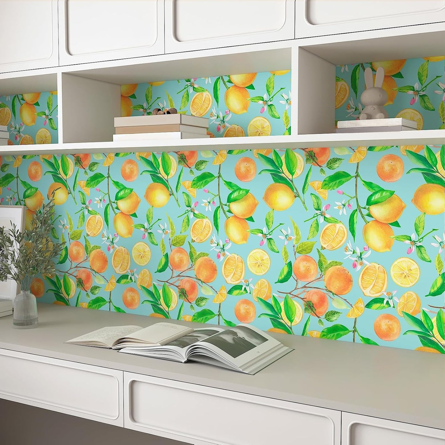 Peel and Stick Orange Fruit Watercolor Lemon Orange Print Wallpaper Self Adhesive Removable Renter Friendly Contact Paper 17.7"x100" for Nursery Pantry Cabinets Walls