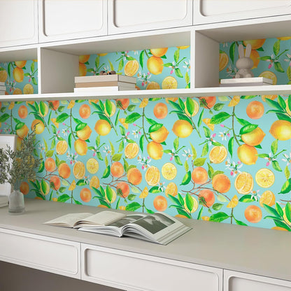 Peel and Stick Orange Fruit Watercolor Lemon Orange Print Wallpaper Self Adhesive Removable Renter Friendly Contact Paper 17.7"x100" for Nursery Pantry Cabinets Walls