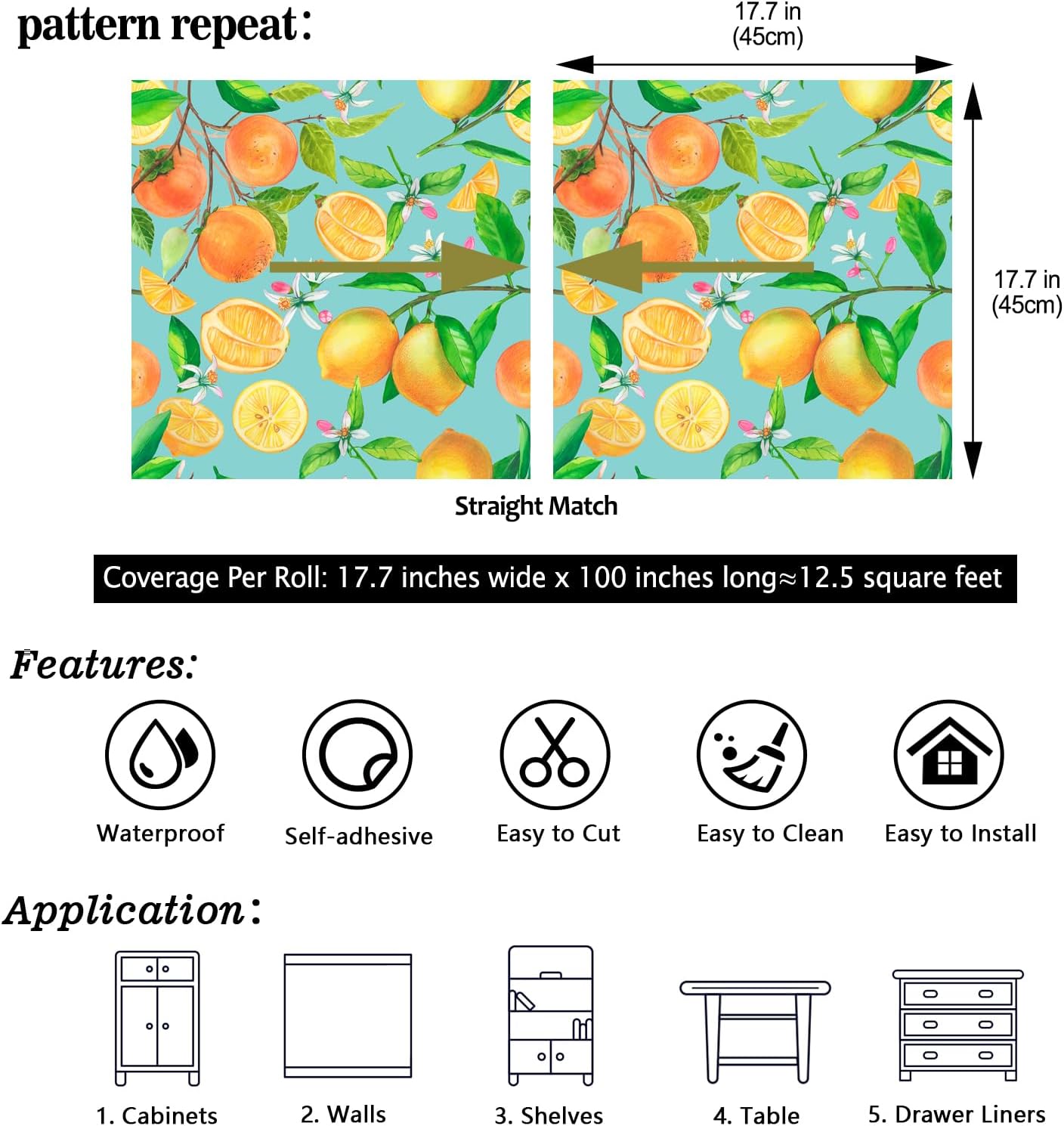 Peel and Stick Orange Fruit Watercolor Lemon Orange Print Wallpaper Self Adhesive Removable Renter Friendly Contact Paper 17.7"x100" for Nursery Pantry Cabinets Walls
