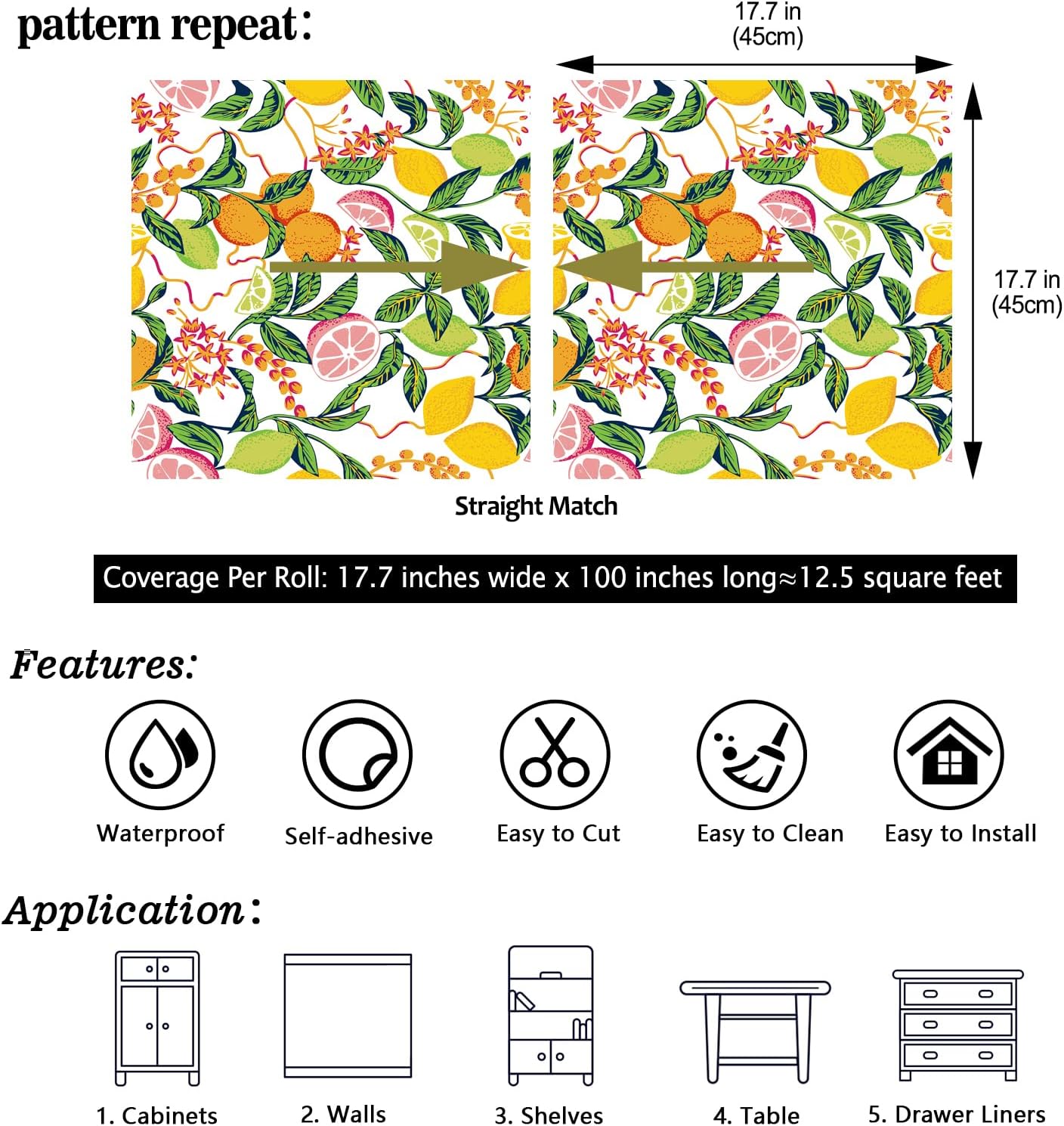 Peel and Stick Orange Fruit Watercolor Lemon Orange Print Wallpaper Self Adhesive Removable Renter Friendly Contact Paper 17.7"x100" for Nursery Pantry Cabinets Walls