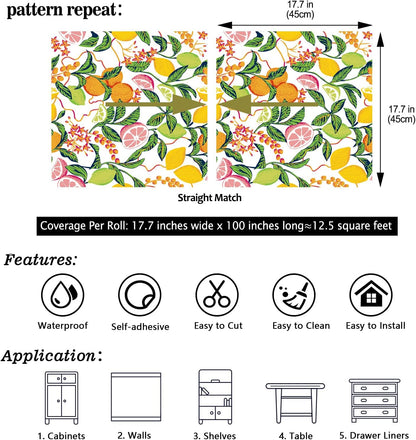 Peel and Stick Orange Fruit Watercolor Lemon Orange Print Wallpaper Self Adhesive Removable Renter Friendly Contact Paper 17.7"x100" for Nursery Pantry Cabinets Walls