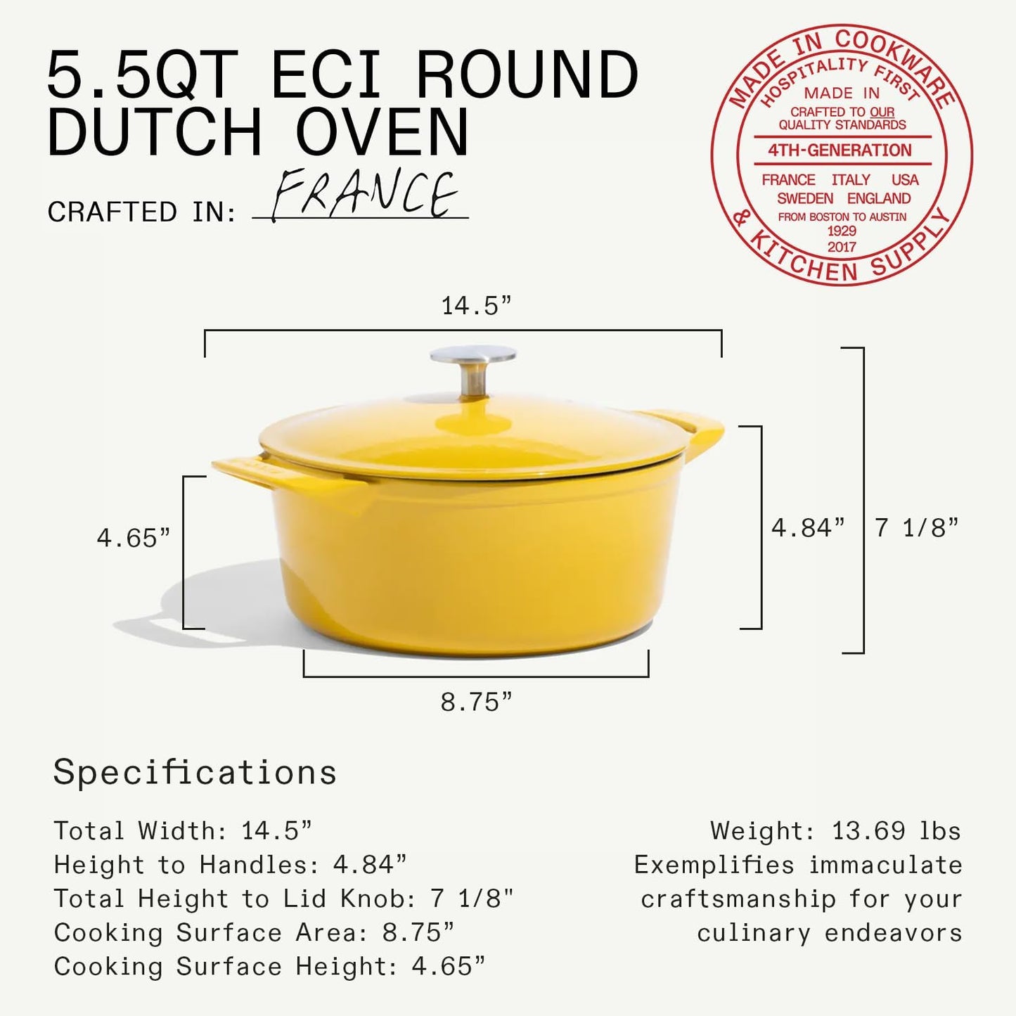 Cookware - Dutch Oven 5.5 Quart - Marigold Yellow - Enameled Cast Iron - Exceptional Heat Retention & Durability - Professional Cookware - Crafted in France - Induction Compatible