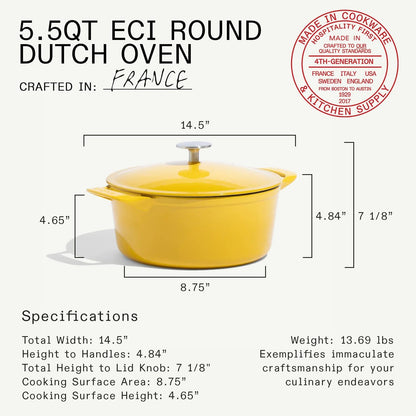 Cookware - Dutch Oven 5.5 Quart - Marigold Yellow - Enameled Cast Iron - Exceptional Heat Retention & Durability - Professional Cookware - Crafted in France - Induction Compatible