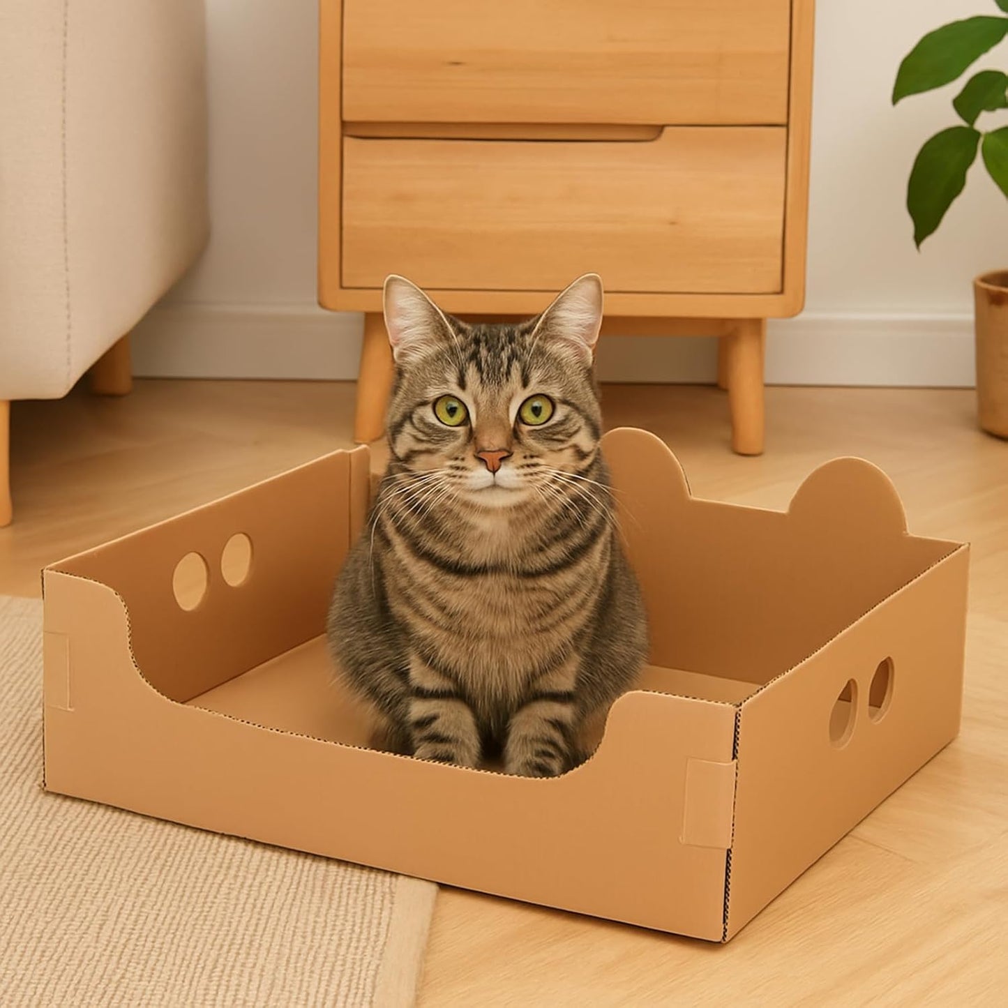 Disposable Foldable Cat Litter Box – Cute Cat Ear Design Waterproof PP Monthly Litter Pan, Yellow