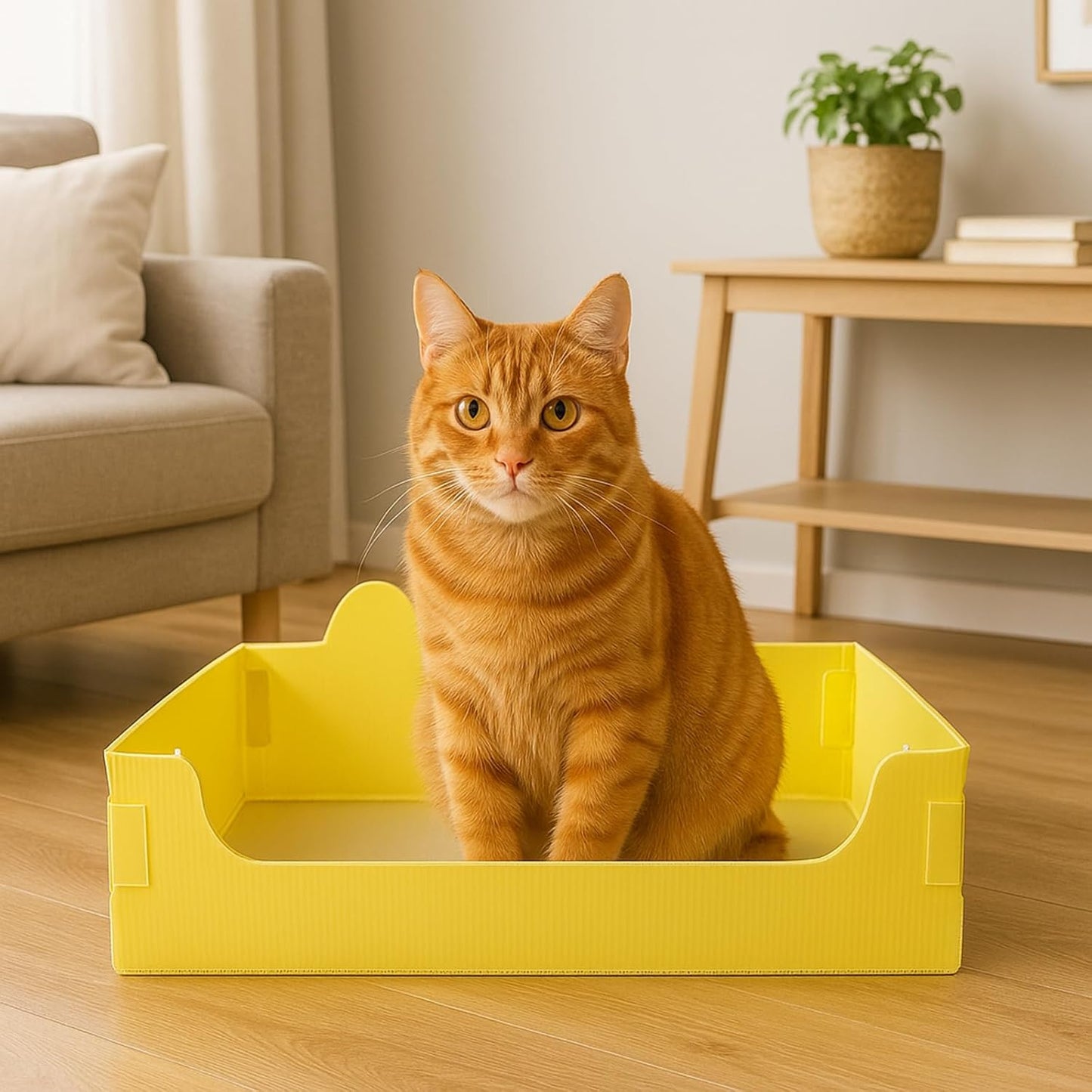 Disposable Foldable Cat Litter Box – Cute Cat Ear Design Waterproof PP Monthly Litter Pan, Yellow