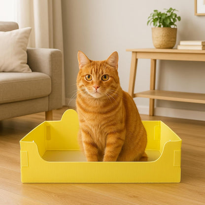 Disposable Foldable Cat Litter Box – Cute Cat Ear Design Waterproof PP Monthly Litter Pan, Yellow