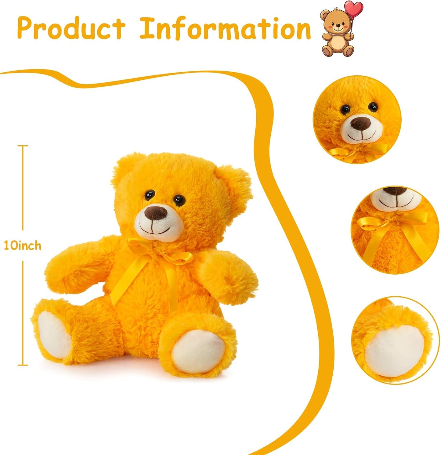 Teddy Bear Stuffed Animal Small Plush Teddy Bear Toys for Children Girlfriend Family Congratulations Baby Shower Birthday Yellow 10 inch